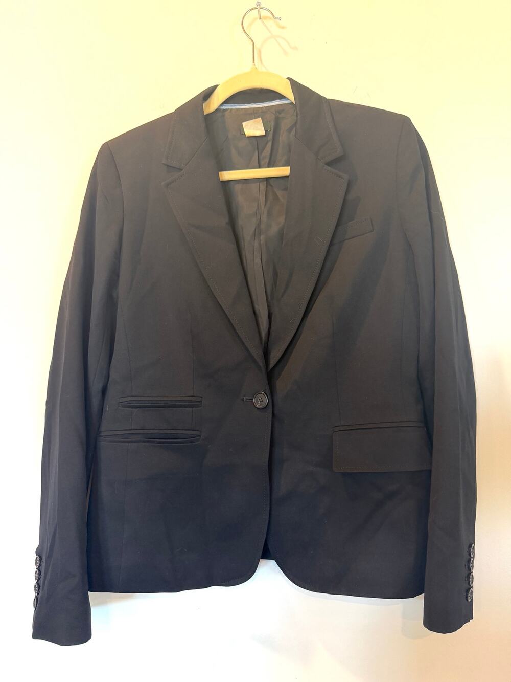 Vtg JCrew 100% wool blazer black 8 Hip Length 1 button sateen lined pockets